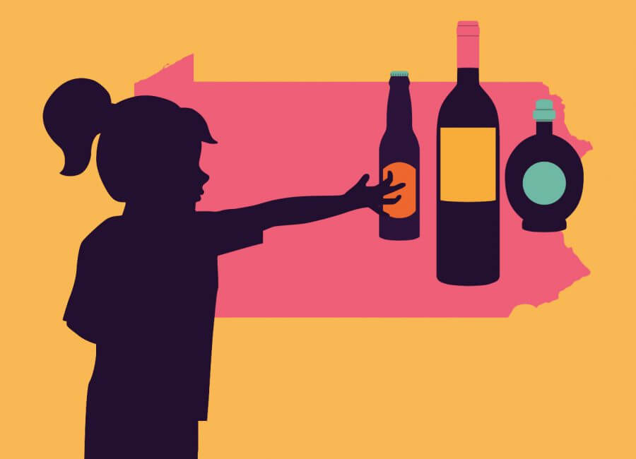Illustration of girl reaching for alcohol bottles.