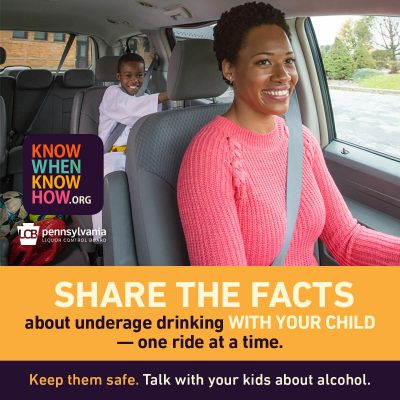 Mom in the car with her 8-year-old son with the message: Share the Facts About Underage Drinking One Ride At A Time
