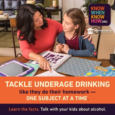 Mom helping daughter with homework with the message: Tackle Underage Drinking One Subject At A Time
